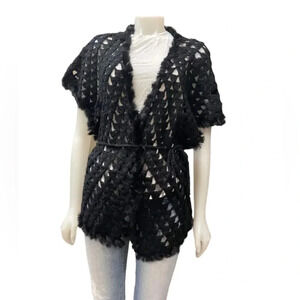 La Cite Rabbit Fur Wool Black Open Short Sleeve Cardigan Size Large